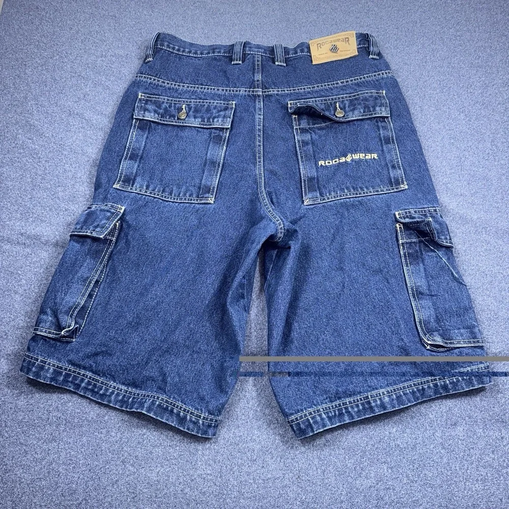 Y2K Rocawear Denim Cargo Shorts Mens 36 Blue Baggy Hip Hop Skate Jorts Grunge